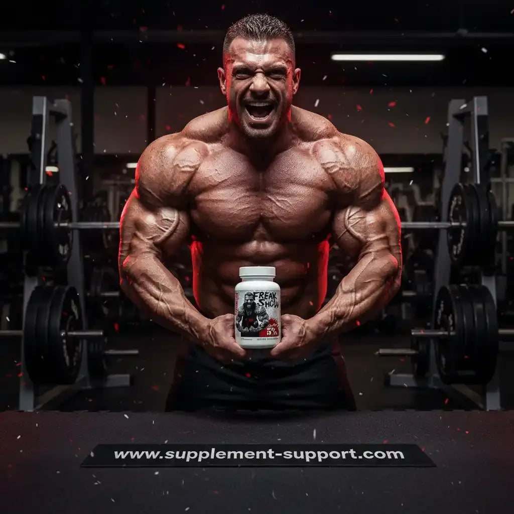 Muskulöser Bodybuilder hält eine Dose Freak Show Sportnahrung im Fitnessstudio.