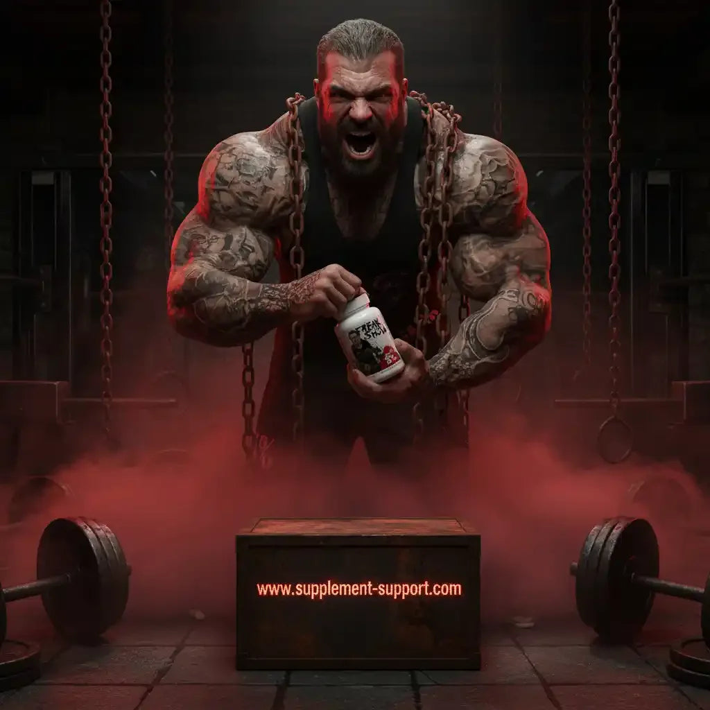 Muskulöser Bodybuilder mit Tattoos hält eine Dose Sportnahrung in einem dunklen Fitnessstudio.