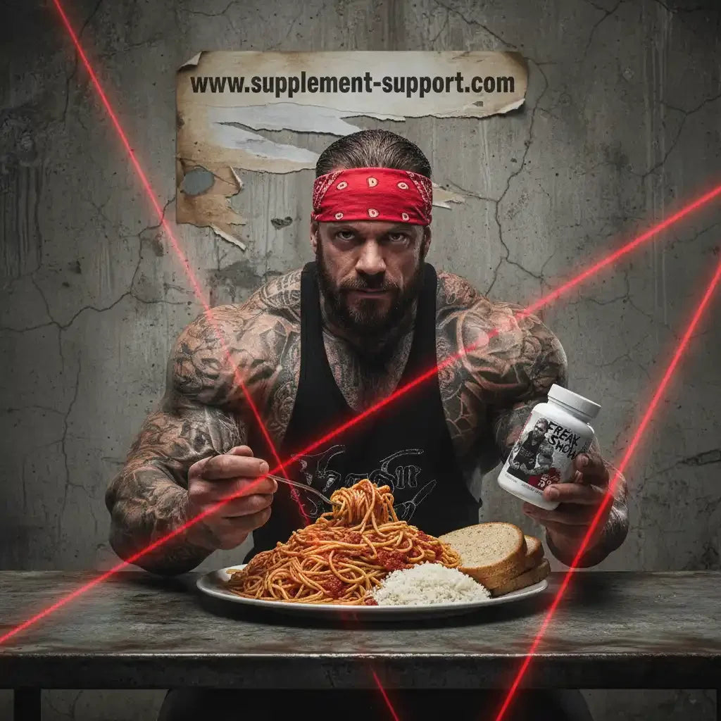 Muskulöser Mann mit Tattoos isst Spaghetti und hält eine Dose Freak Show Sportnahrung.
