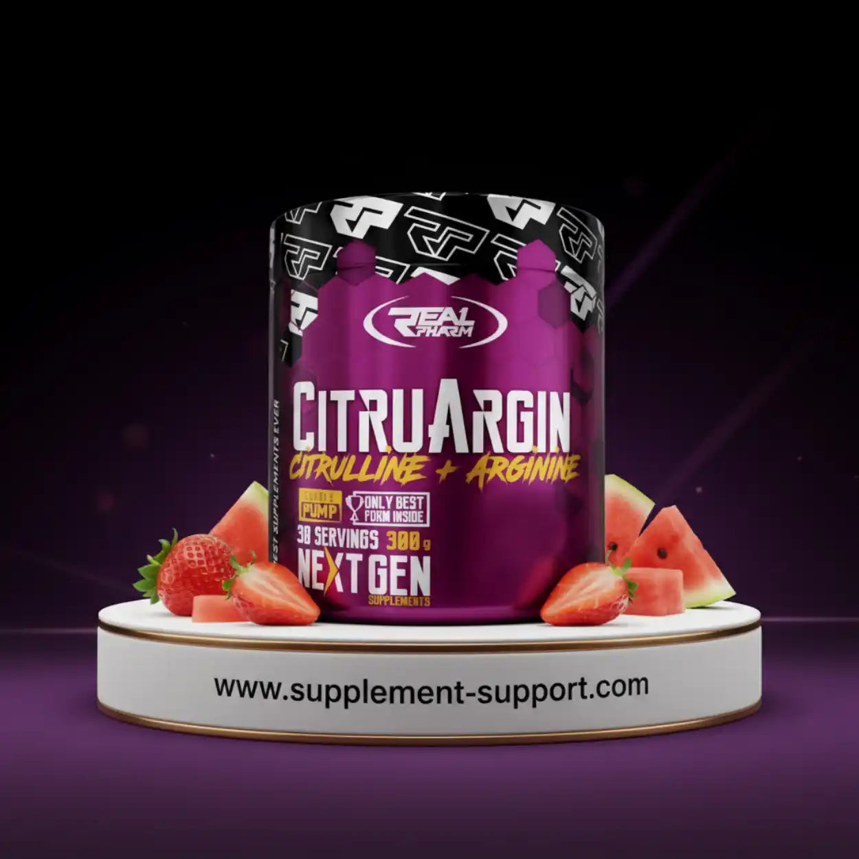 Citrullin Arginin Supplement Dose mit Erdbeeren und Wassermelone Geschmack auf Podest