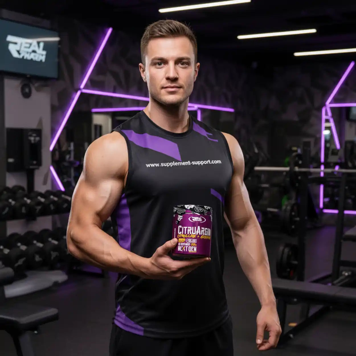 Sportler im Fitnessstudio hält Citrullin Arginin Supplement, Muskelaufbau, Sportnahrung