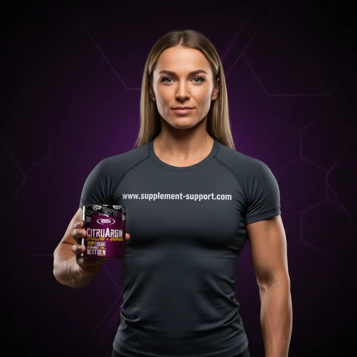 Sportliche Frau mit Citrullin Arginin Nahrungsergänzung, Fitness-Hintergrund, Supplement