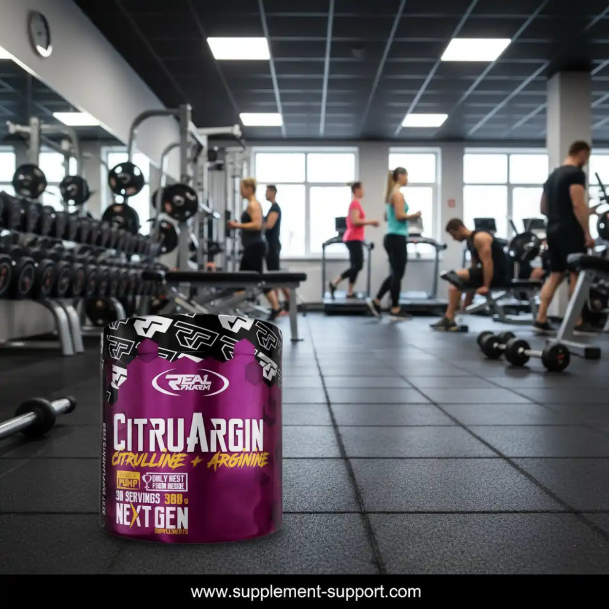 Citrullin-Arginin Supplement im Fitnessstudio mit Hanteln und Trainierenden, Sportnahrung