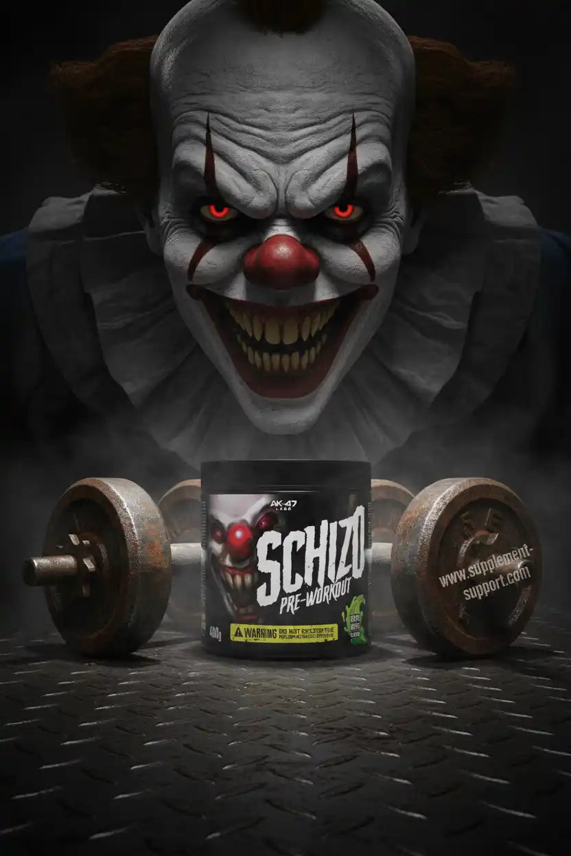 Schizo Pre-Workout mit gruseligem Clown und Hanteln – intensiver Trainingsbooster für Sportler