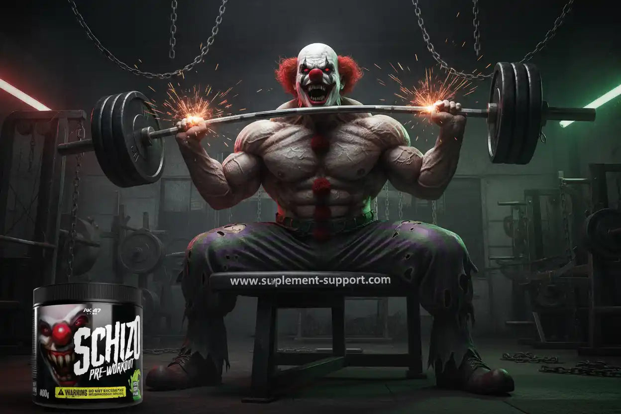Muskel-Clown mit Hantel und Schizo Pre-Workout in Fitnessstudio