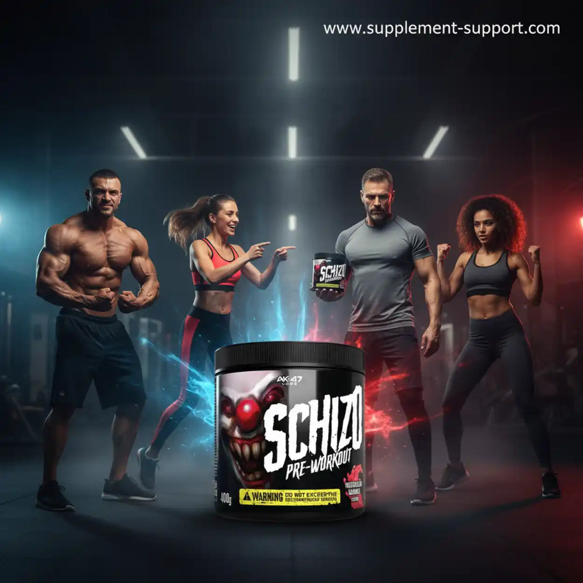 Schizo Pre-Workout Supplement Dose vor muskulösen Fitness-Athleten im Gym