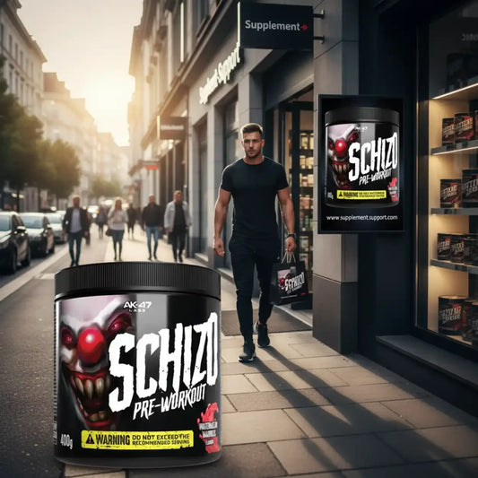 Mann vor Supplement-Shop mit Schizo Pre-Workout Dose im Vordergrund