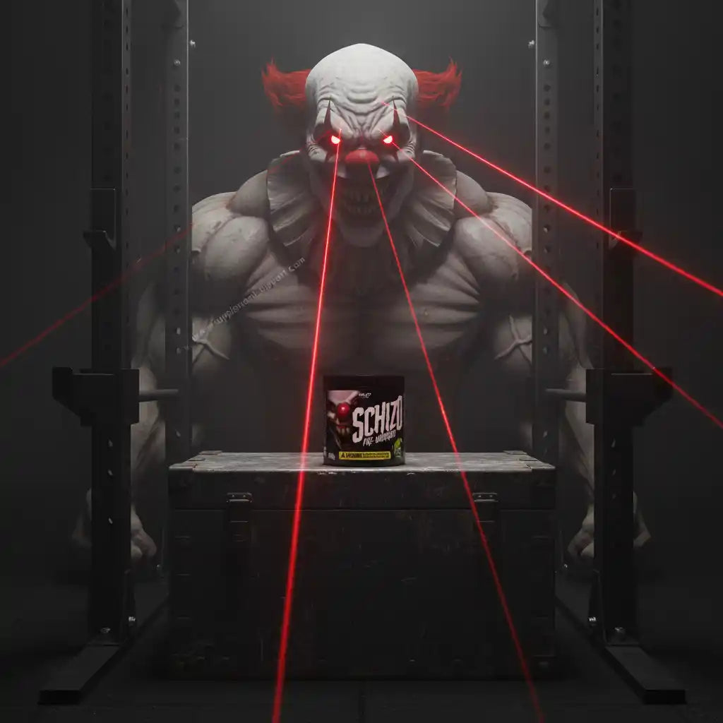 Schizo Pre-Workout Dose vor muskulösem Clown mit roten Laserstrahlen im Fitnessstudio