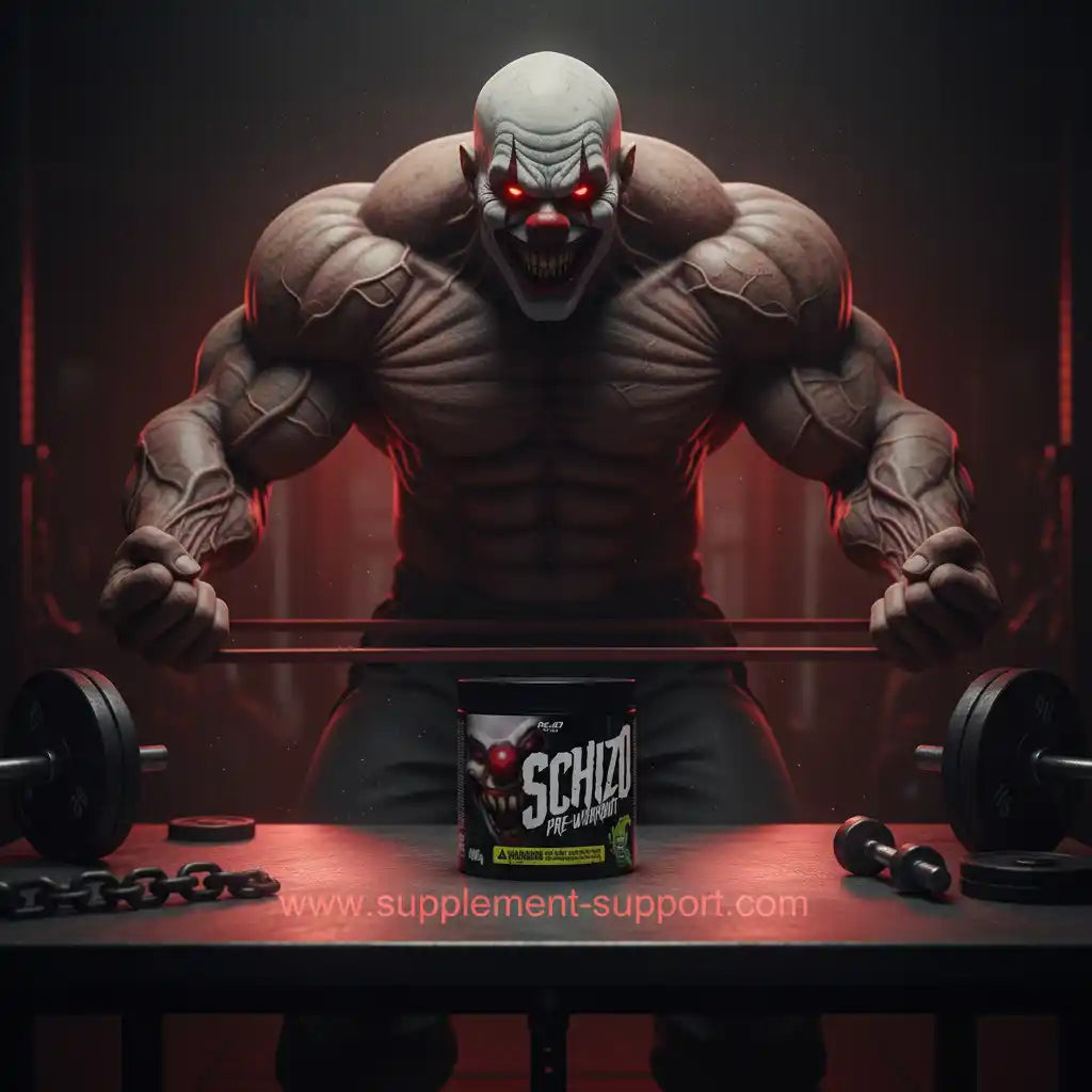 Schizo Pre-Workout Dose vor muskulösem Clown mit Hanteln, ideal für Fitness und Sportler