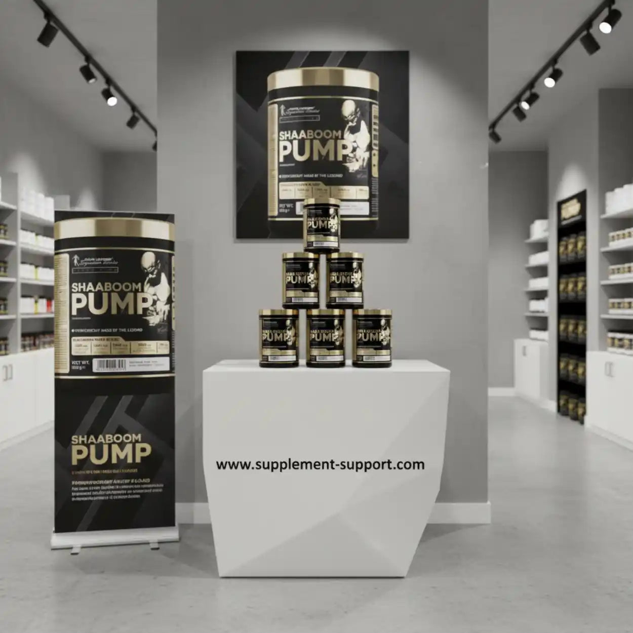 Shaaboom Pump Pre-Workout Booster im modernen Supplement-Shop, Dosen gestapelt auf Podest
