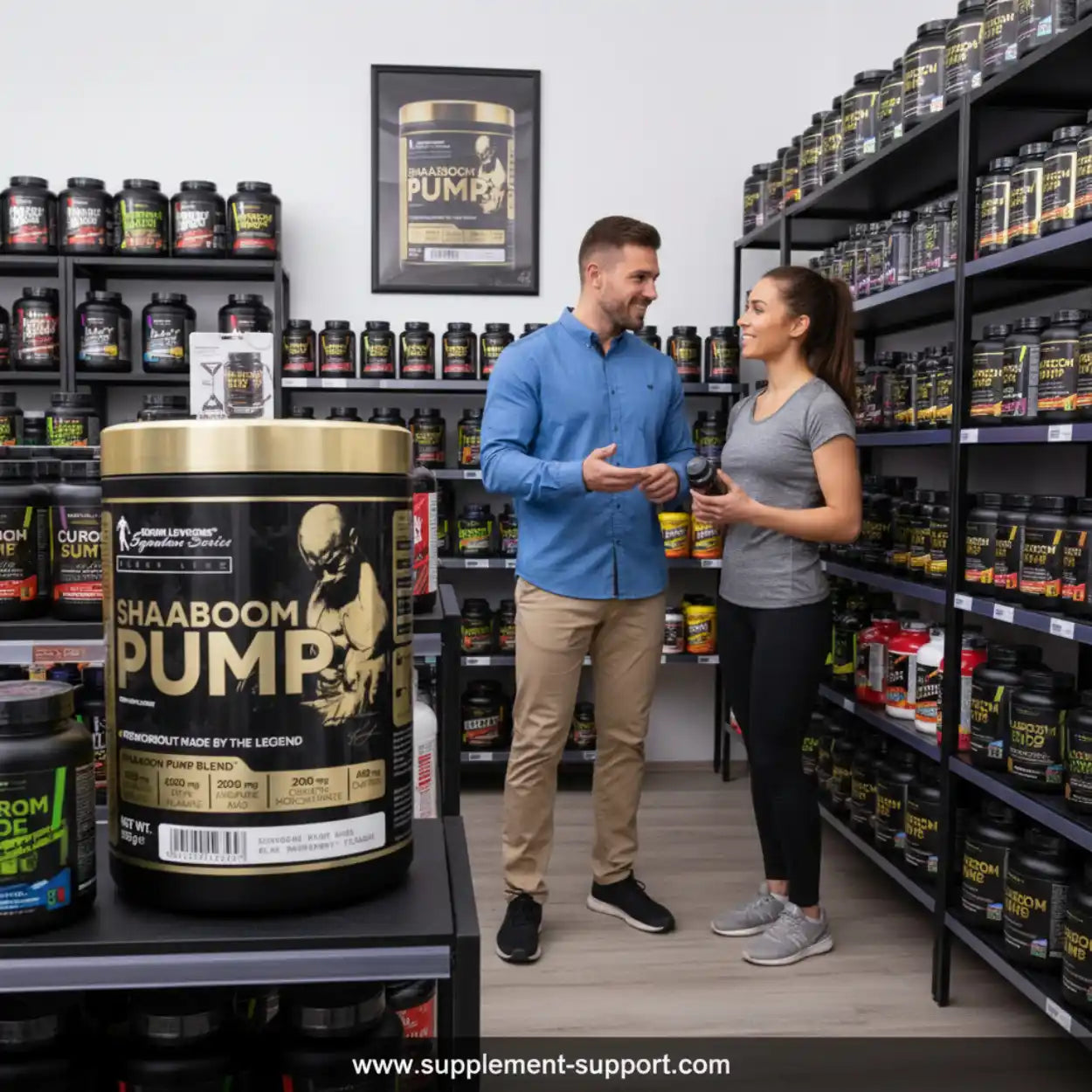 Fitness-Shop mit großer Auswahl an Pre-Workout Boostern, Kundenberatung, Shaaboom Pump Dose im Fokus