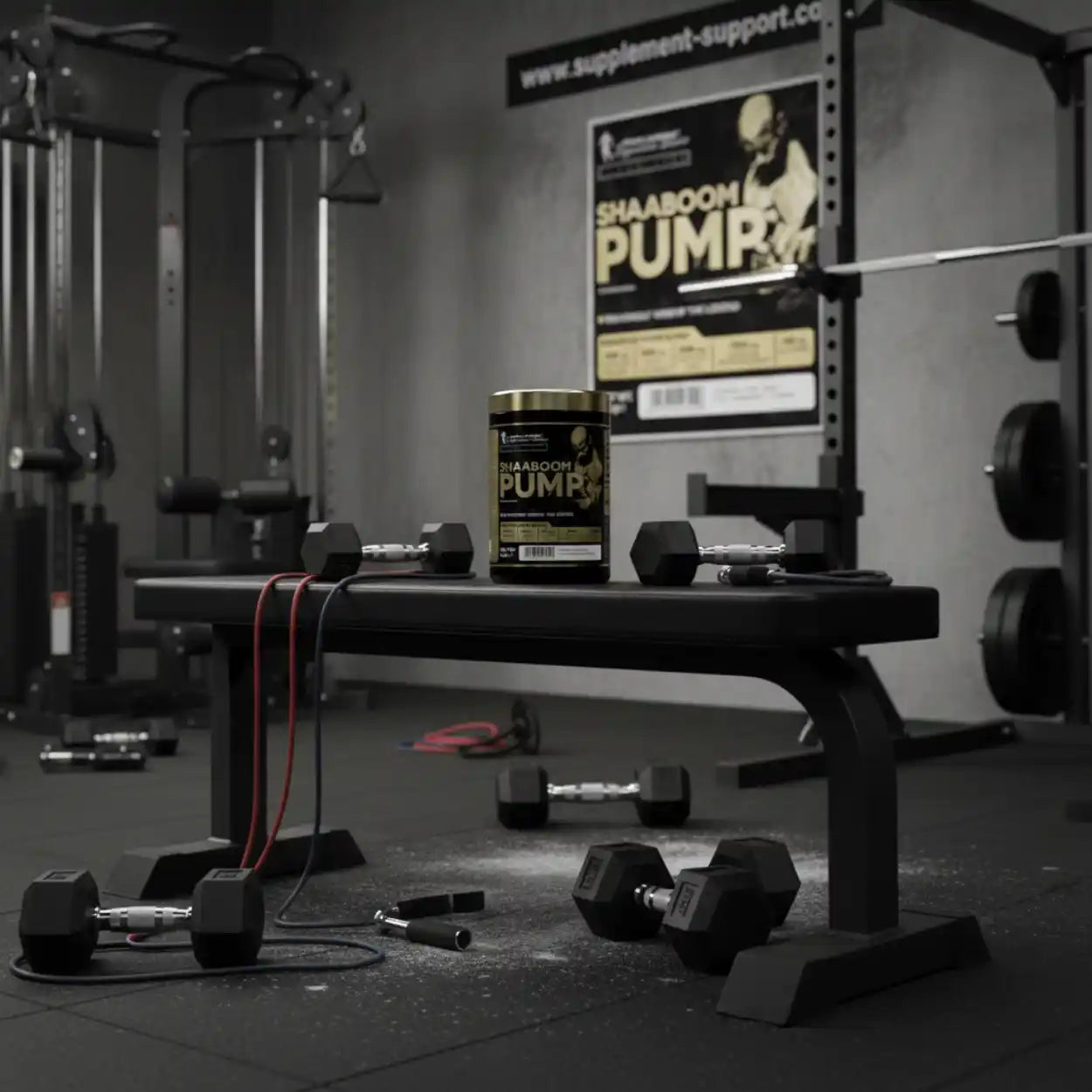 SHAABOOM PUMP Pre-Workout Booster auf Hantelbank im Fitnessstudio mit Kurzhanteln und Seil
