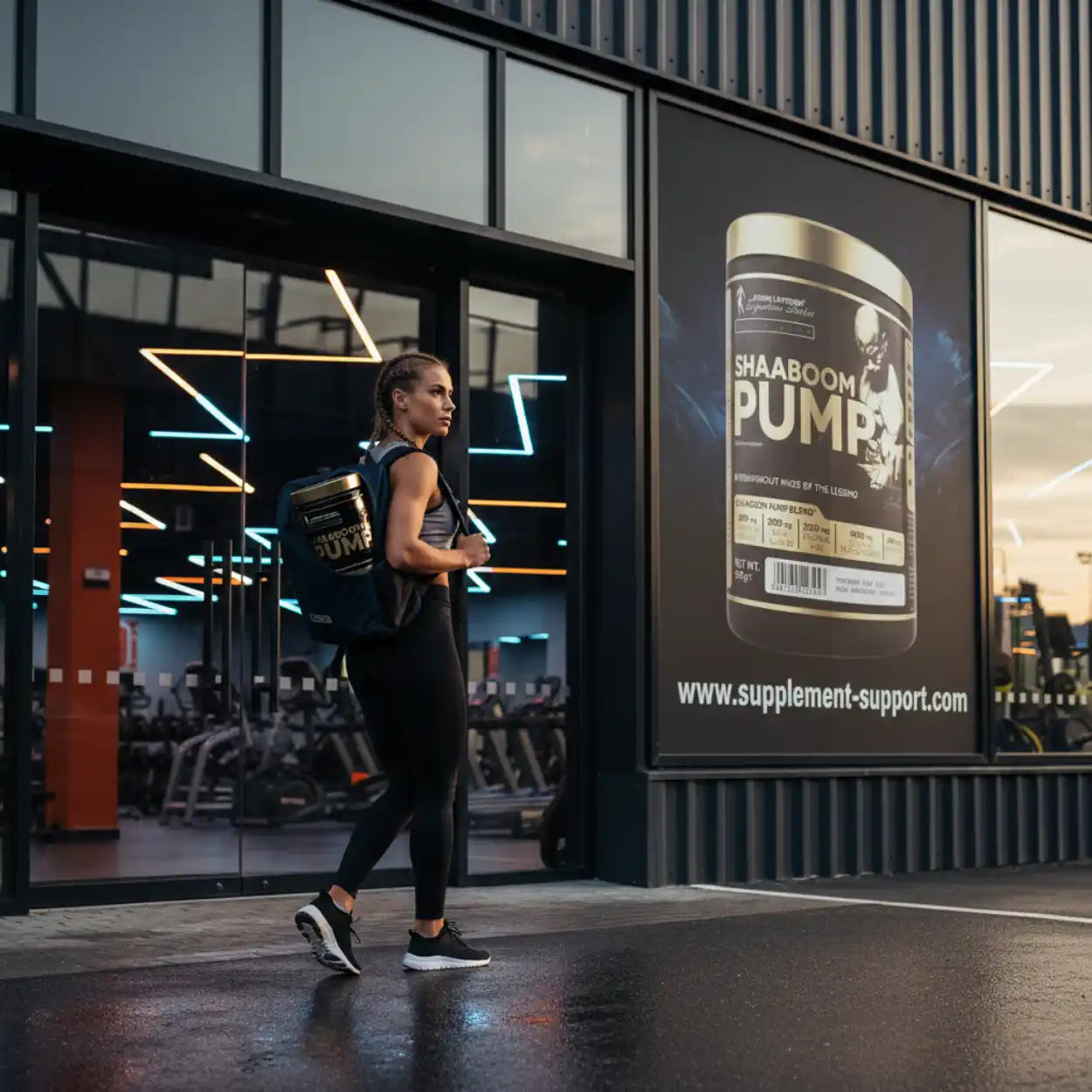 Frau mit Sportkleidung und Shaaboom Pump Pre-Workout Booster vor Fitnessstudio