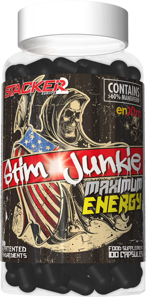 Dose mit Stacker Europe Stim Junkie Maximum Energy Kapseln, Nahrungsergänzung für Sportler