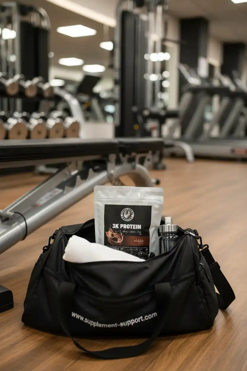 Schwarze Sporttasche mit 3K Protein-Pulver und Shaker im Fitnessstudio