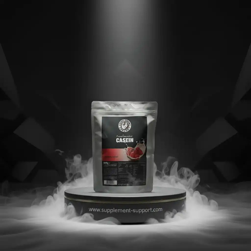 Casein Protein Beutel auf einem Podest mit dramatischem Licht und Nebeleffekt.