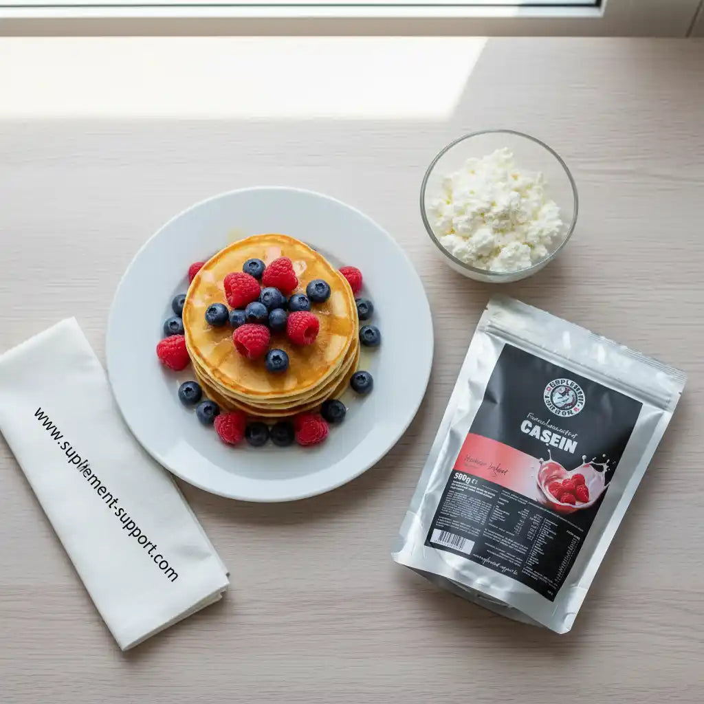 Casein-Protein-Beutel neben proteinreichen Pfannkuchen mit Beeren und Quark