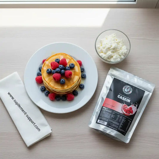 Casein-Protein-Beutel neben proteinreichen Pfannkuchen mit Beeren und Quark