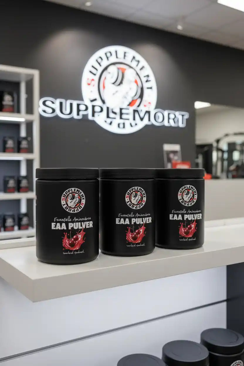 Drei schwarze Dosen EAA Pulver von Supplemort auf einem weißen Tresen vor einem Markenlogo.