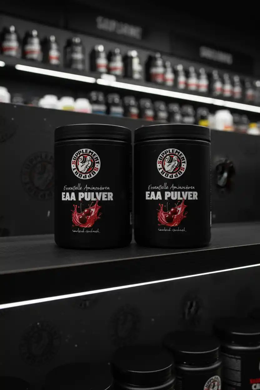 Zwei schwarze Dosen mit EAA Pulver Nahrungsergänzungsmittel in einem Regal