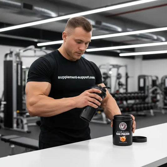 Muskulöser Mann im Fitnessstudio bereitet EAA Pulver in einem Shaker vor.