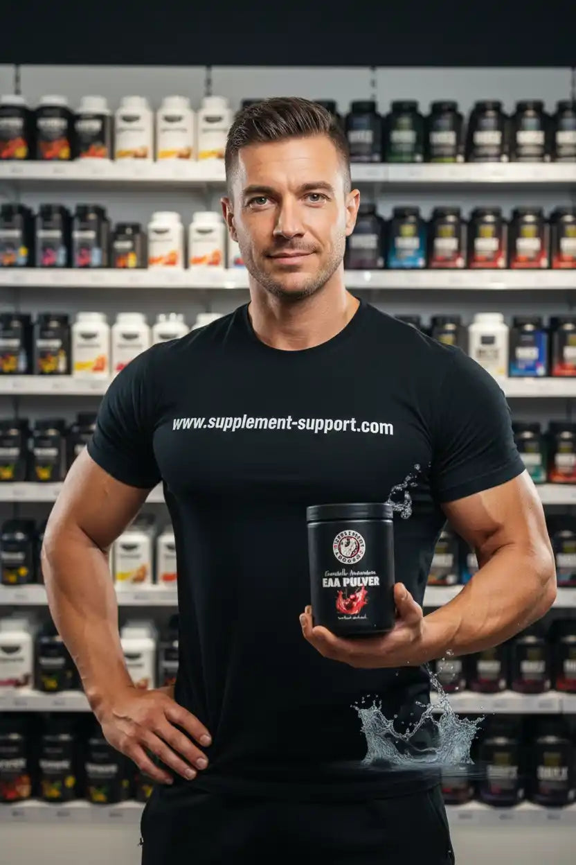 Muskulöser Mann hält eine Dose EAA Pulver vor einem Regal mit Sportnahrung.