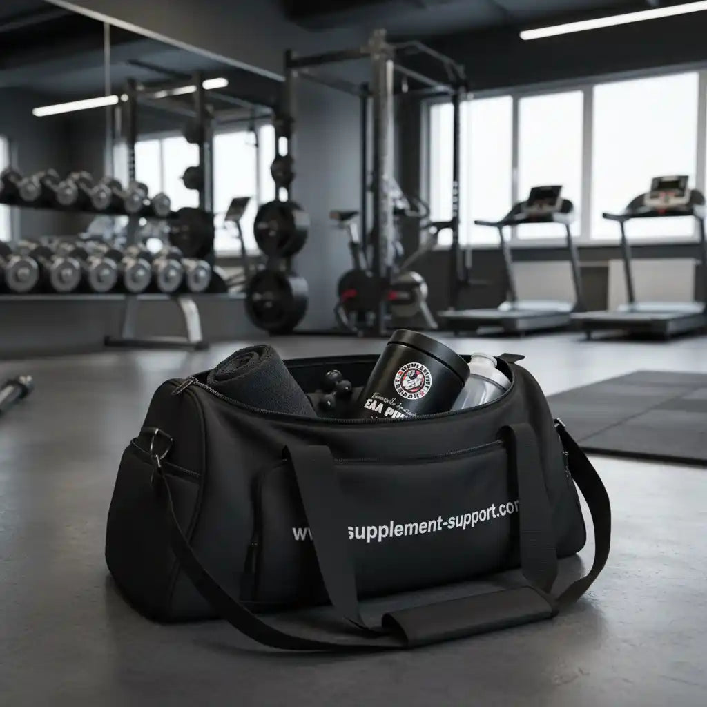 Schwarze Sporttasche von supplement-support.com mit Fitnesszubehör in einem Fitnessstudio