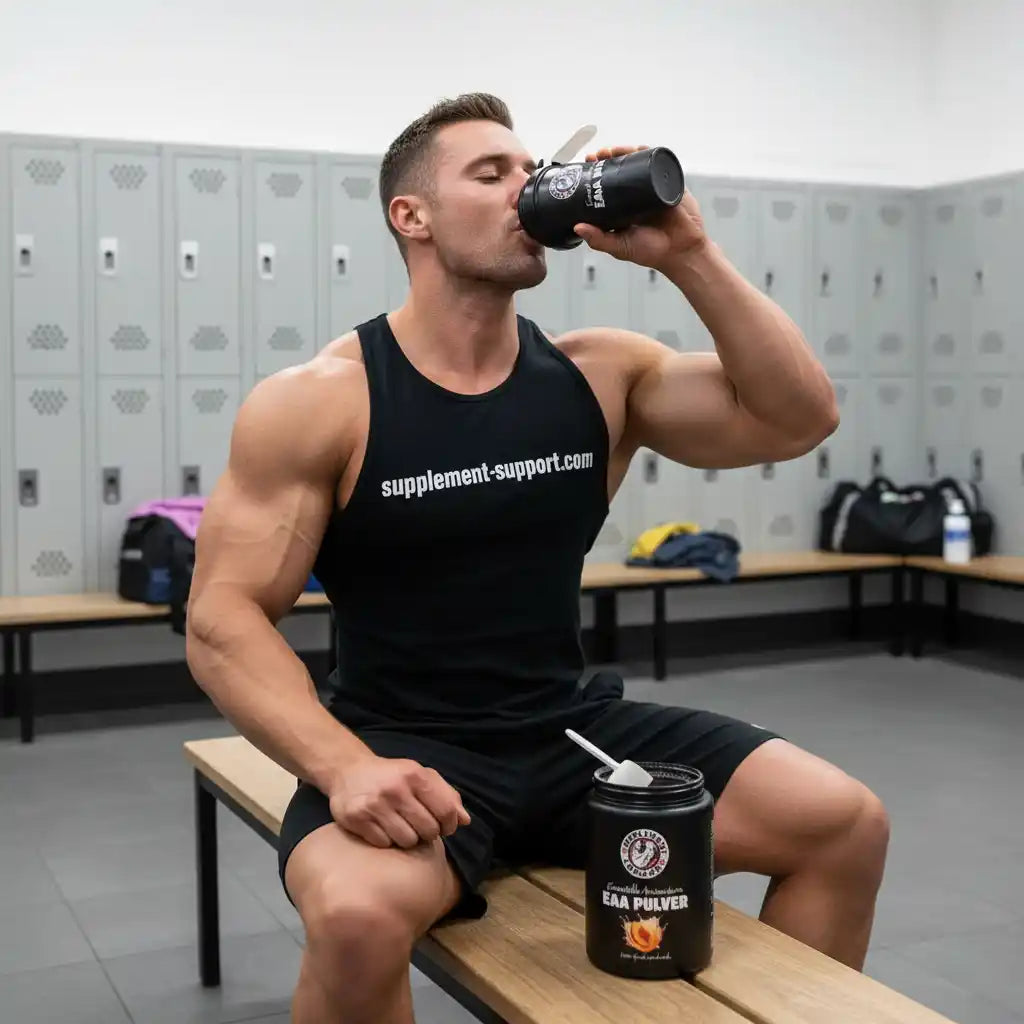 Muskulöser Mann trinkt EAA Pulver aus einem Shaker in einer Fitnessstudio-Umkleide.