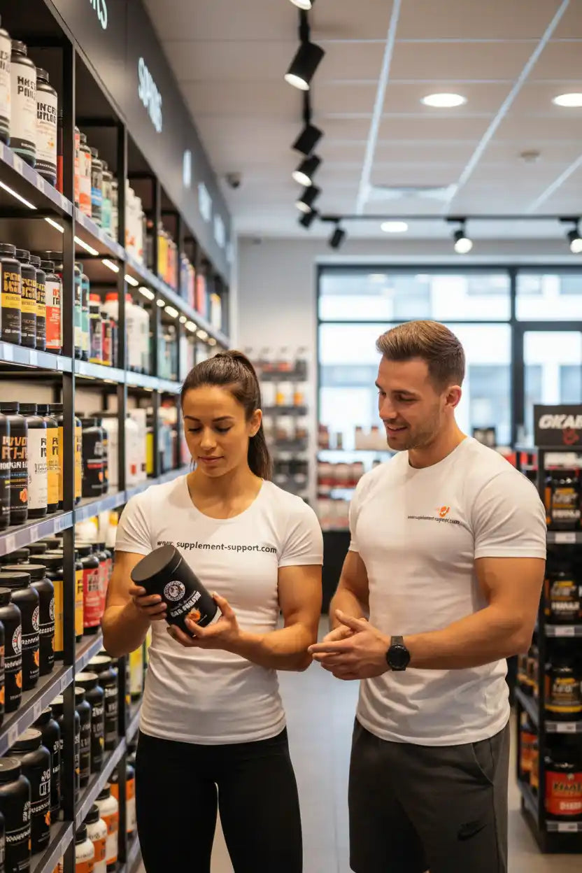 Mann und Frau wählen Sportnahrung in einem Supplement-Store aus.