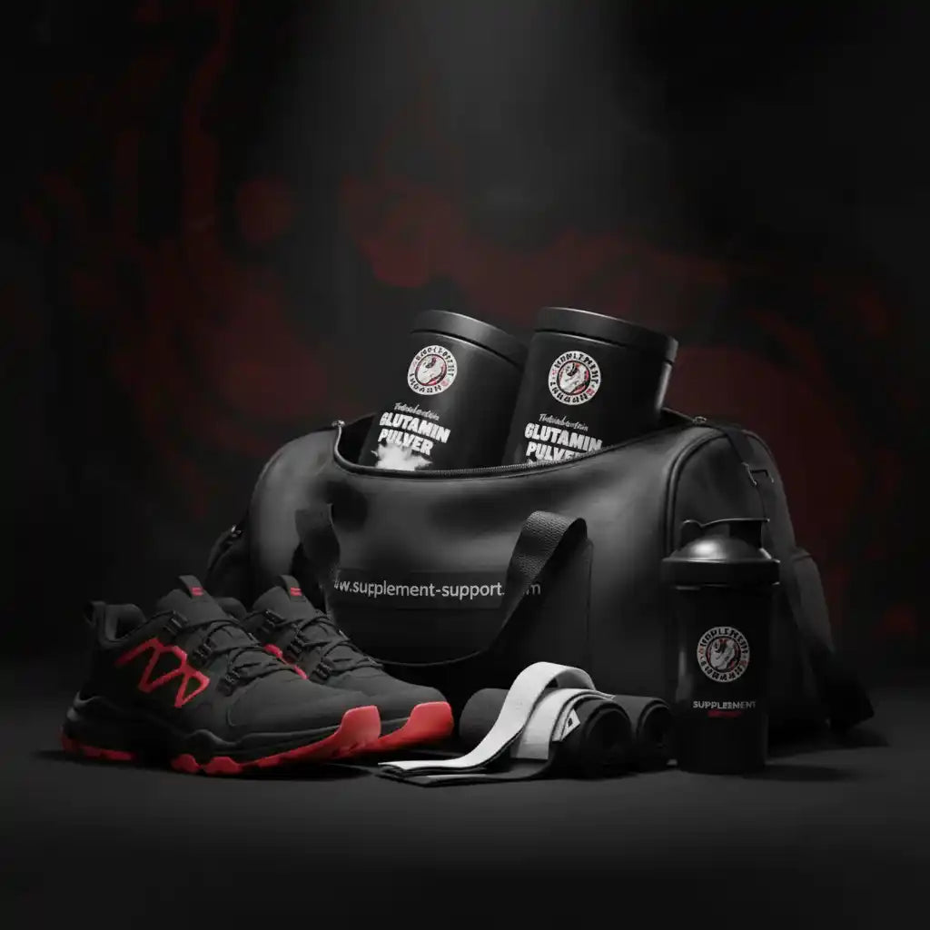 Sporttasche mit Glutamin-Pulver, Shaker und Sportschuhen vor dunklem Hintergrund.
