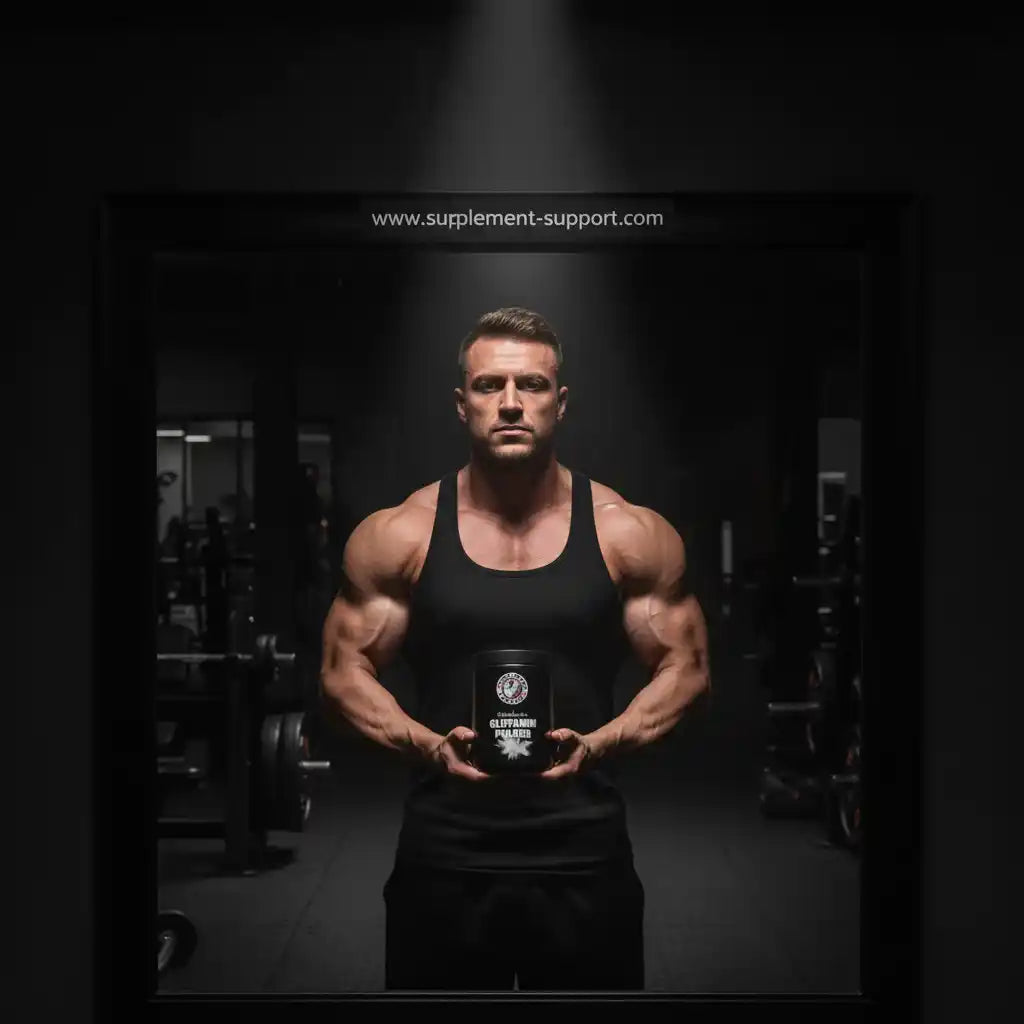 Muskulöser Mann im Fitnessstudio hält eine Dose Sportnahrung in den Händen.