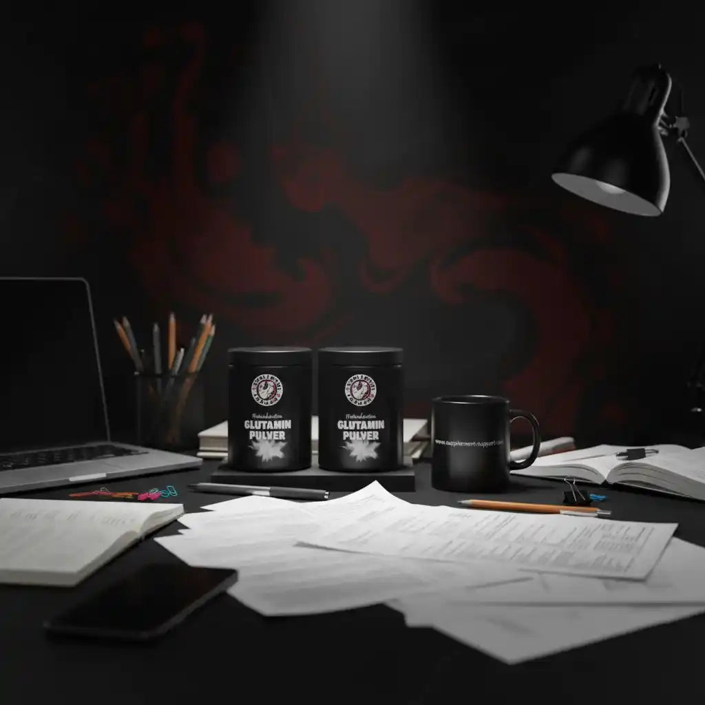 Zwei Dosen Glutamin Pulver auf einem dunklen Schreibtisch mit Laptop und Notizen