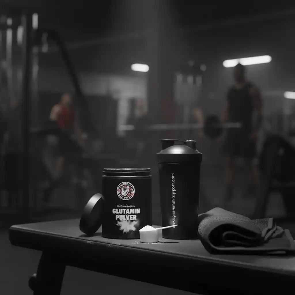 Glutamin Pulver Dose und Shaker auf einer Trainingsbank im Fitnessstudio