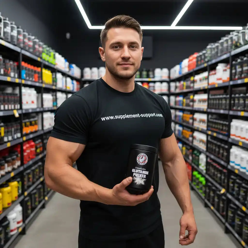 Muskulöser Mann hält eine Dose Glutamin Pulver in einem Sportnahrungsmittelladen.
