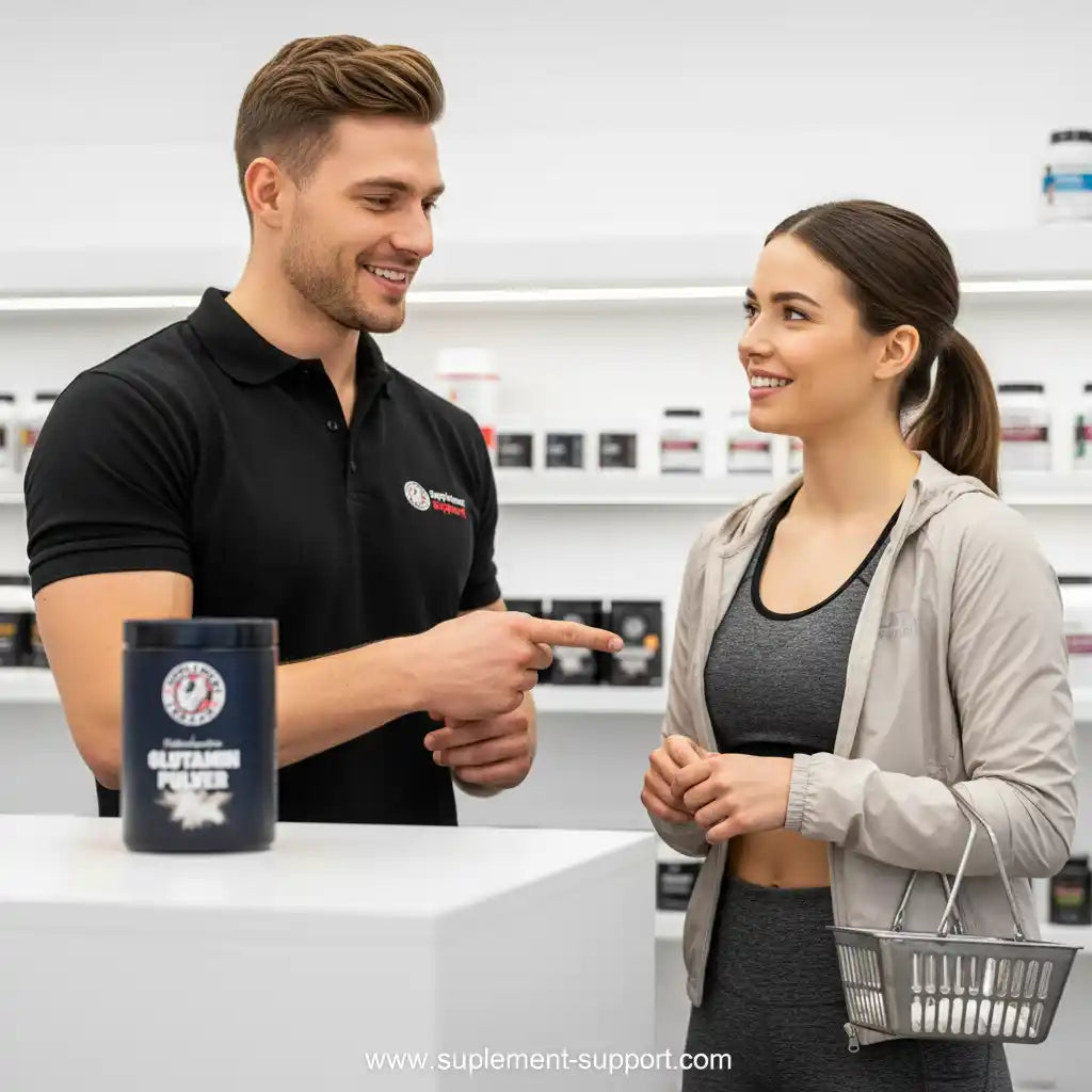 Berater erklärt einer Kundin in einem Sportnahrungsmittelladen die Wirkung von Glutamin Pulver.