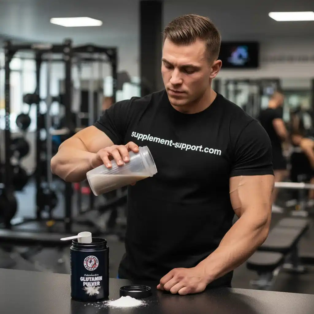 Muskulöser Mann im Fitnessstudio füllt Glutamin Pulver in einen Shaker