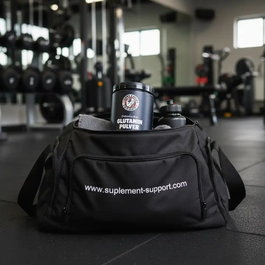 Schwarze Sporttasche mit Glutamin Pulver und Shaker in einem Fitnessstudio