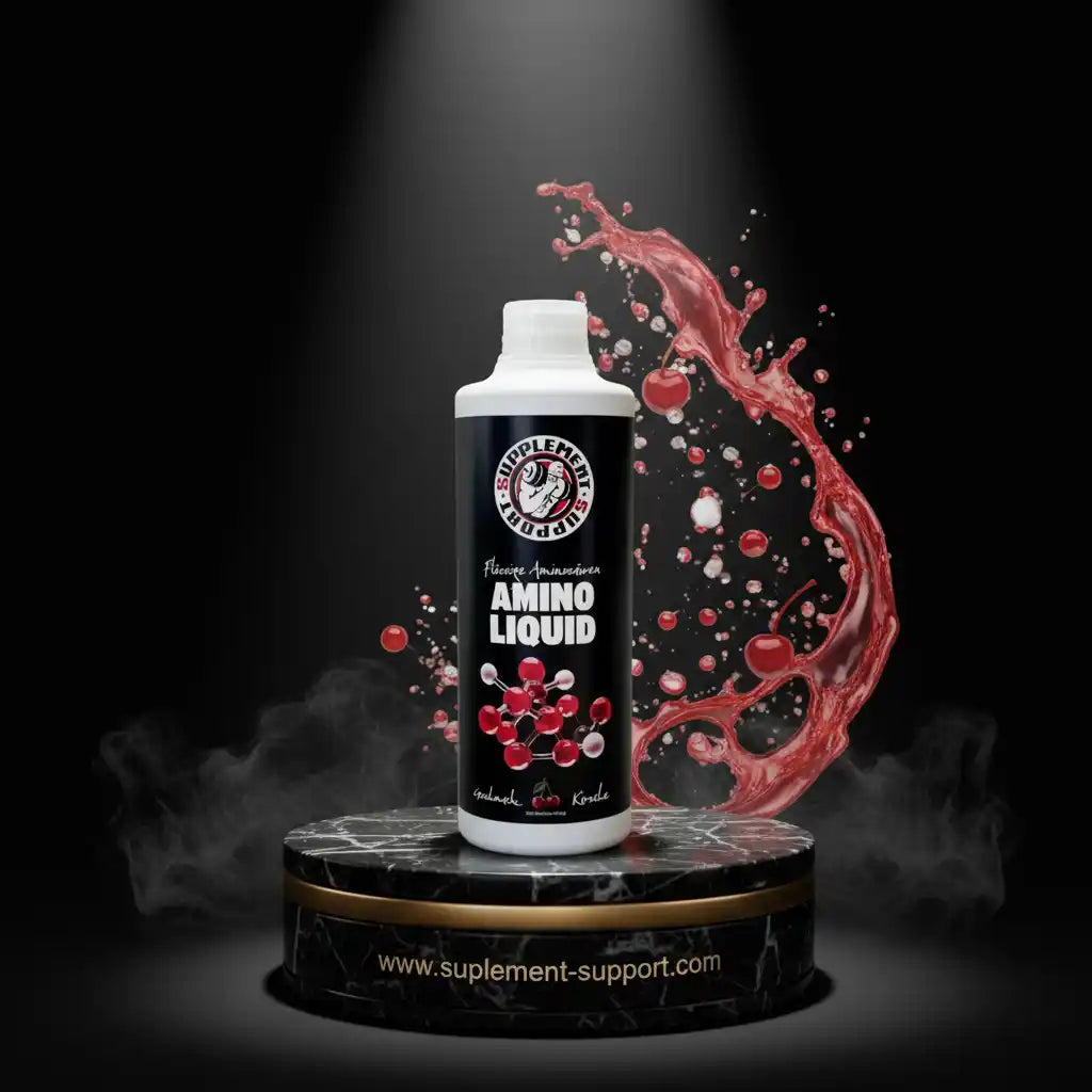 Supplement-Support Amino Liquid Nahrungsergänzung mit Kirschgeschmack auf Marmorsockel