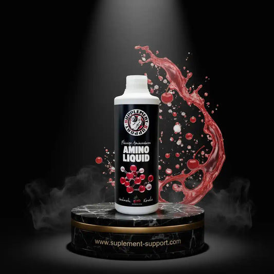 Supplement-Support Amino Liquid Nahrungsergänzung mit Kirschgeschmack auf Marmorsockel