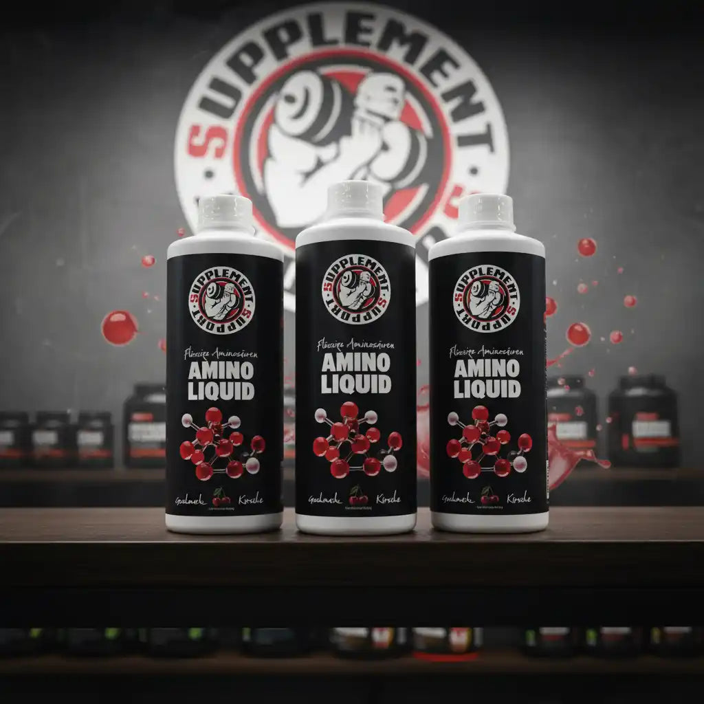 Drei Flaschen Amino Liquid Nahrungsergänzungsmittel von Supplement Support auf einem Regal.