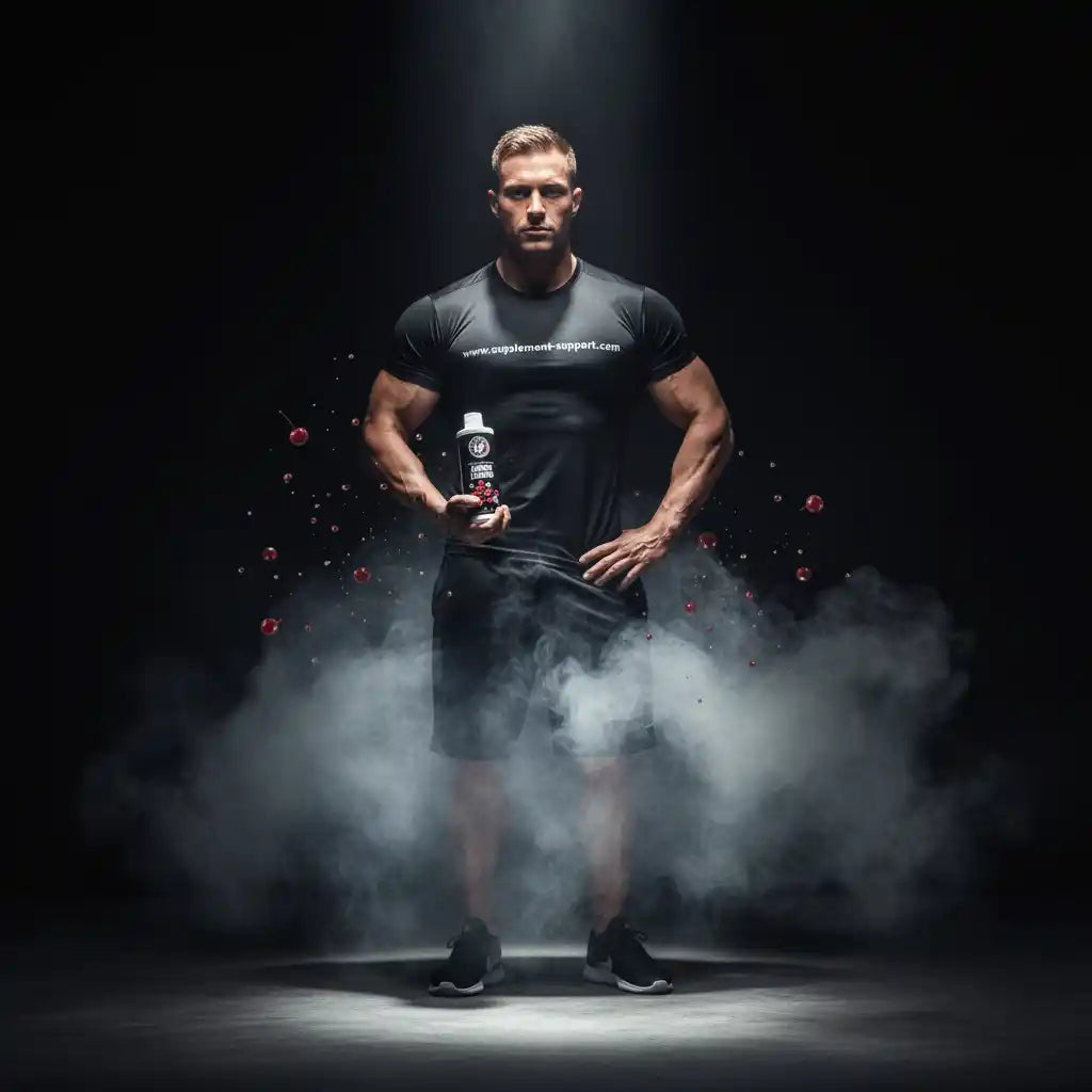 Muskulöser Mann in Sportkleidung mit Nahrungsergänzungsmittel-Flasche vor dunklem Hintergrund