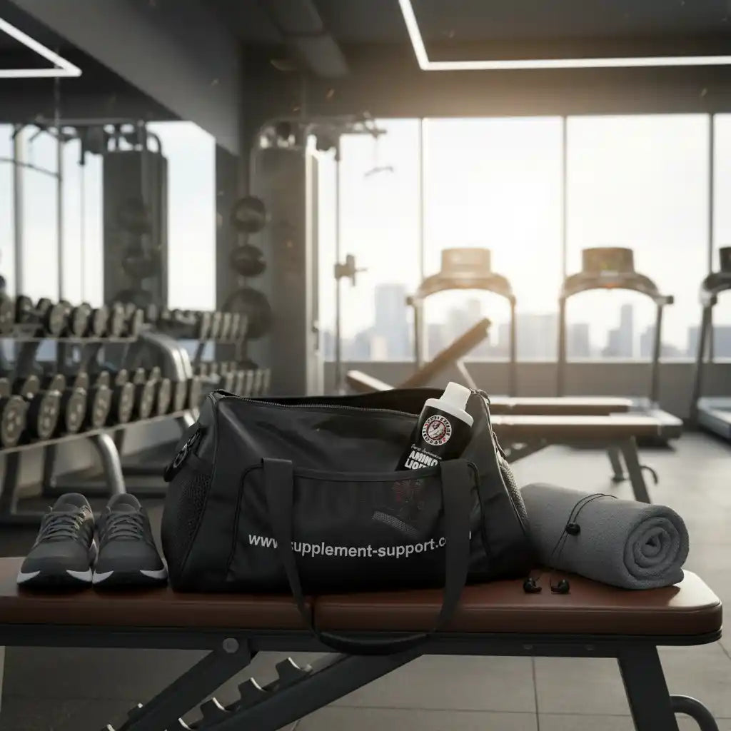 Sporttasche mit Fitness-Zubehör und Trinkflasche auf einer Trainingsbank im Fitnessstudio.