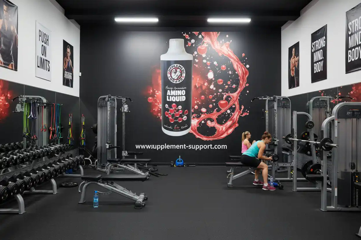 Fitnessstudio mit Hanteln, Trainingsgeräten und einer großen Amino Liquid Produktgrafik an der Wand.