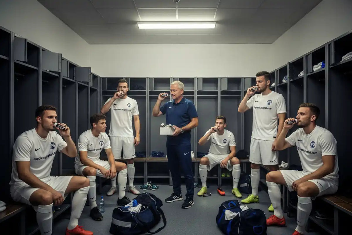 Fußballmannschaft und Trainer trinken Nahrungsergänzungsmittel in der Umkleidekabine.