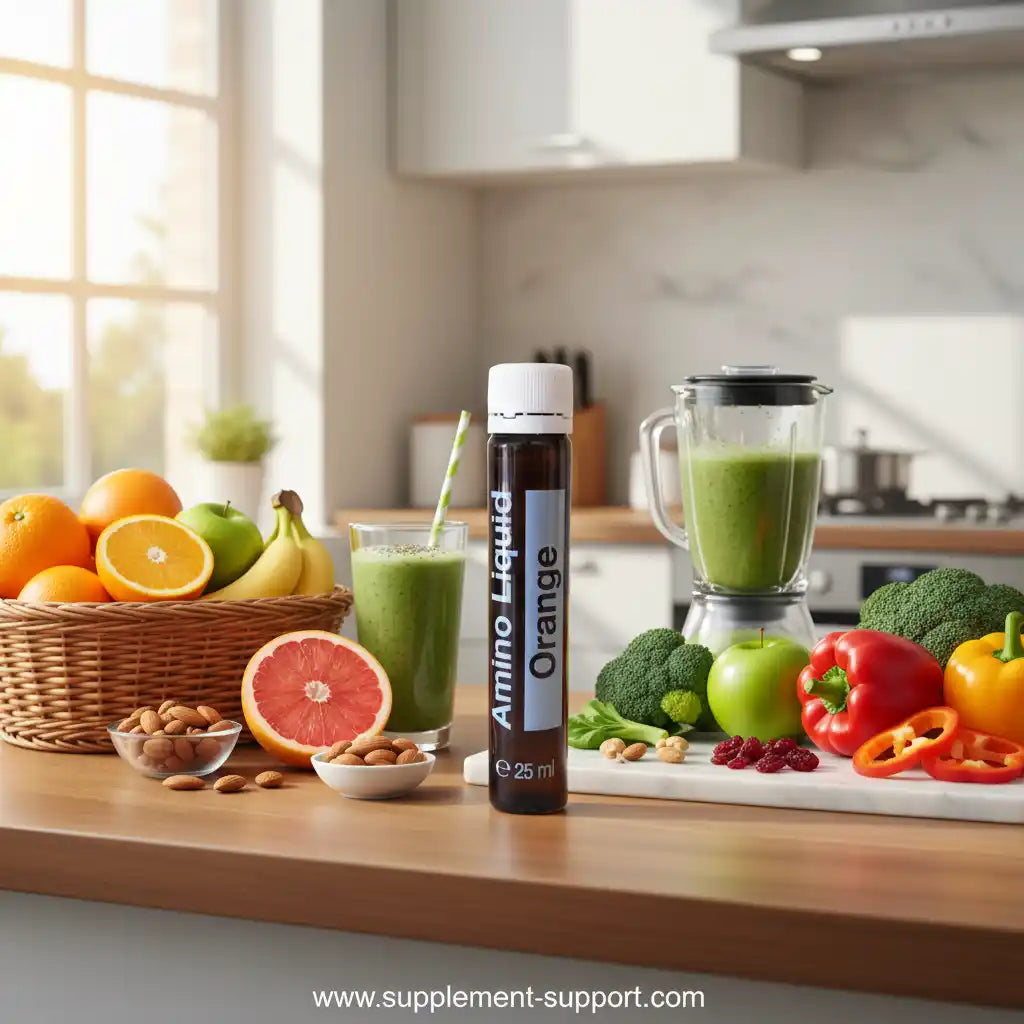 Amino Liquid Orange Supplement neben grünem Smoothie, Obst und Gemüse in einer hellen Küche