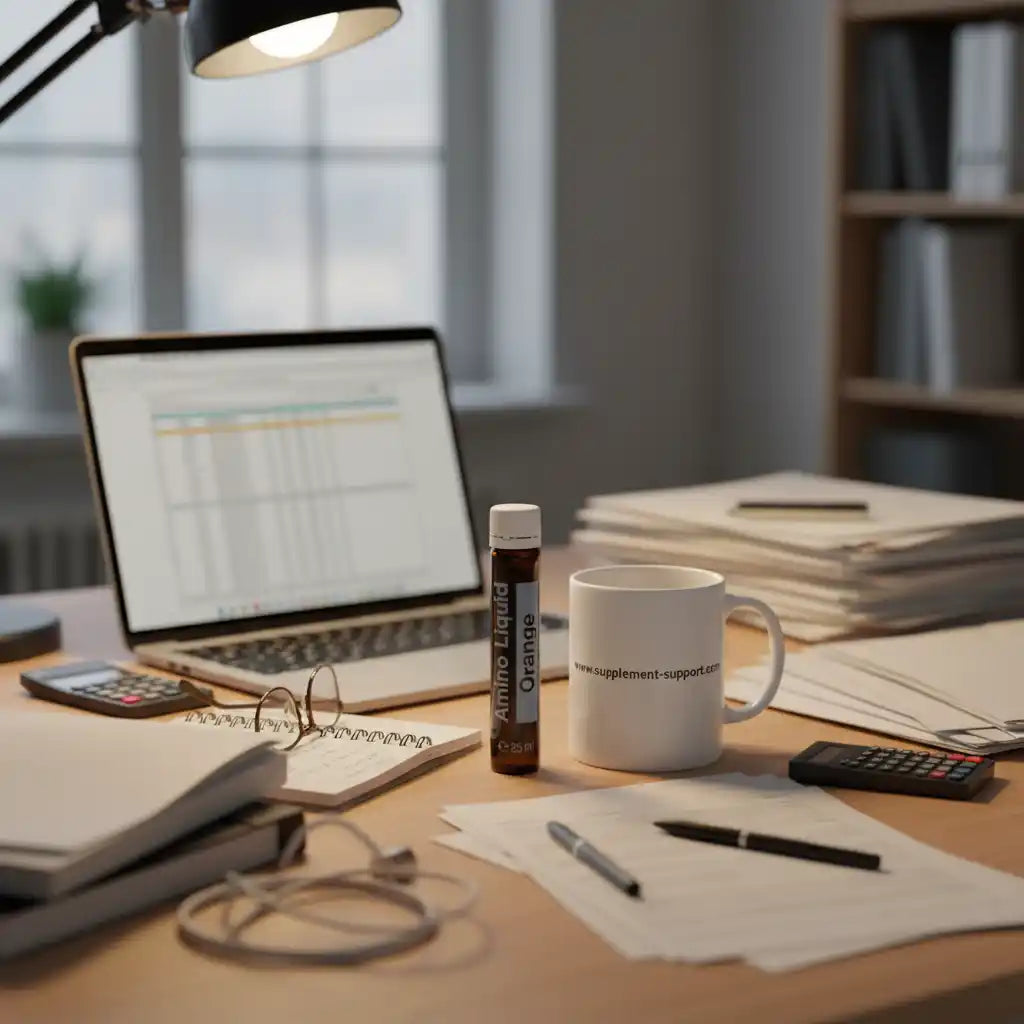 Amino Liquid Orange Supplement auf einem Schreibtisch mit Laptop und Notizbüchern