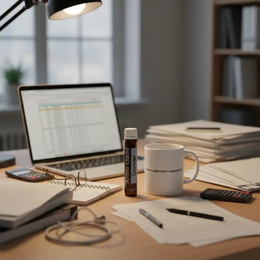 Amino Liquid Orange Supplement auf einem Schreibtisch mit Laptop und Notizbüchern