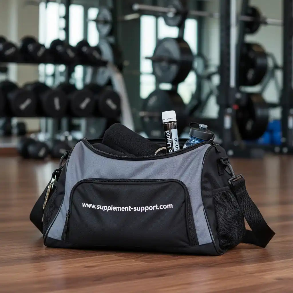 Schwarze Sporttasche mit Logo von Supplement-Support.com in einem Fitnessstudio