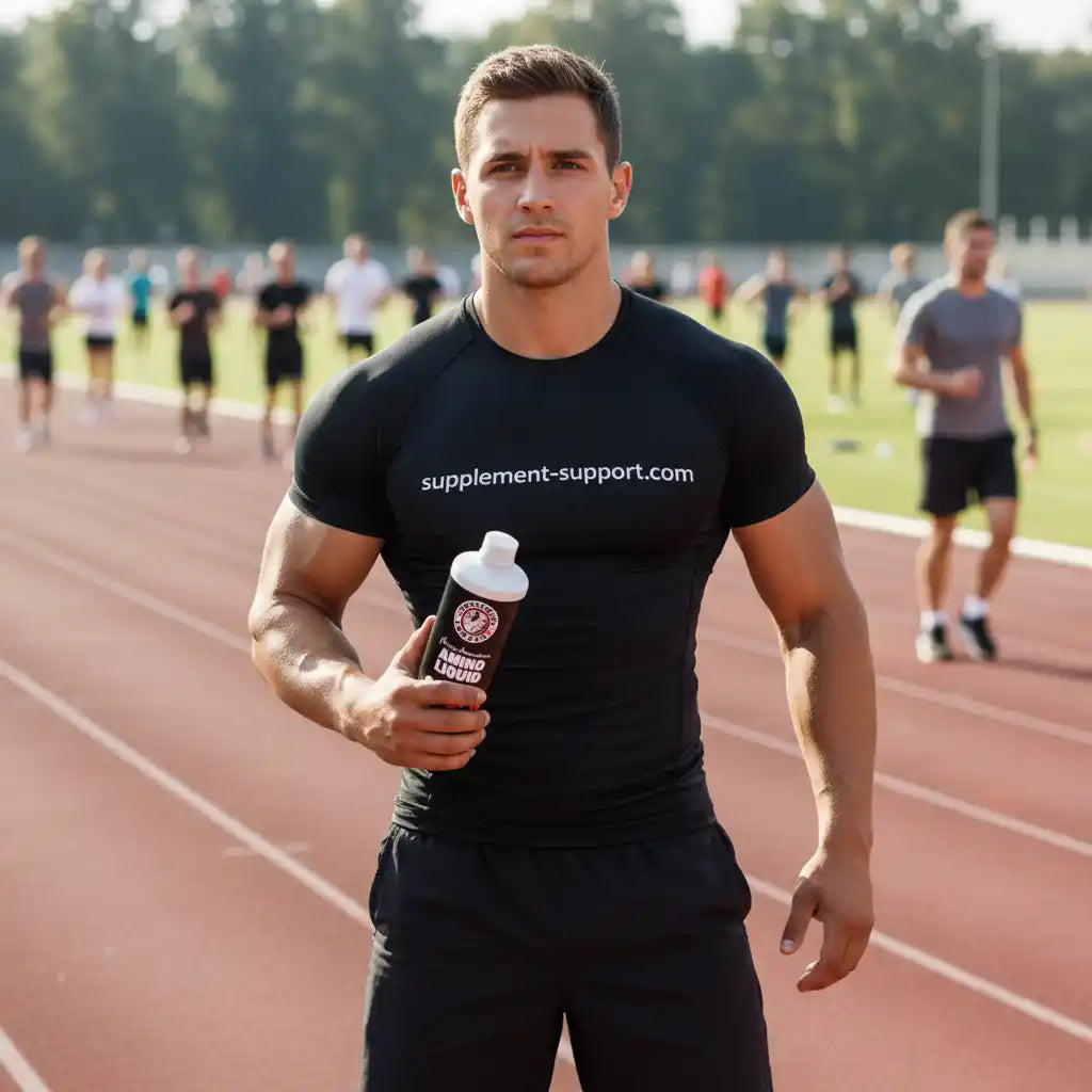 Muskulöser Mann auf einer Laufbahn mit einer Flasche Amino Liquid Sportnahrung.