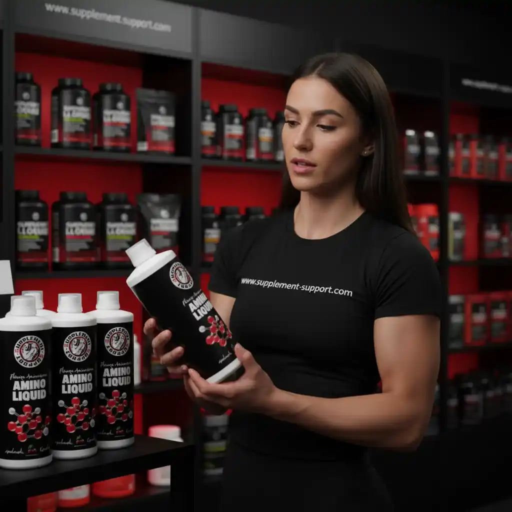 Frau präsentiert Amino Liquid Nahrungsergänzungsmittel in einem Supplement-Shop.